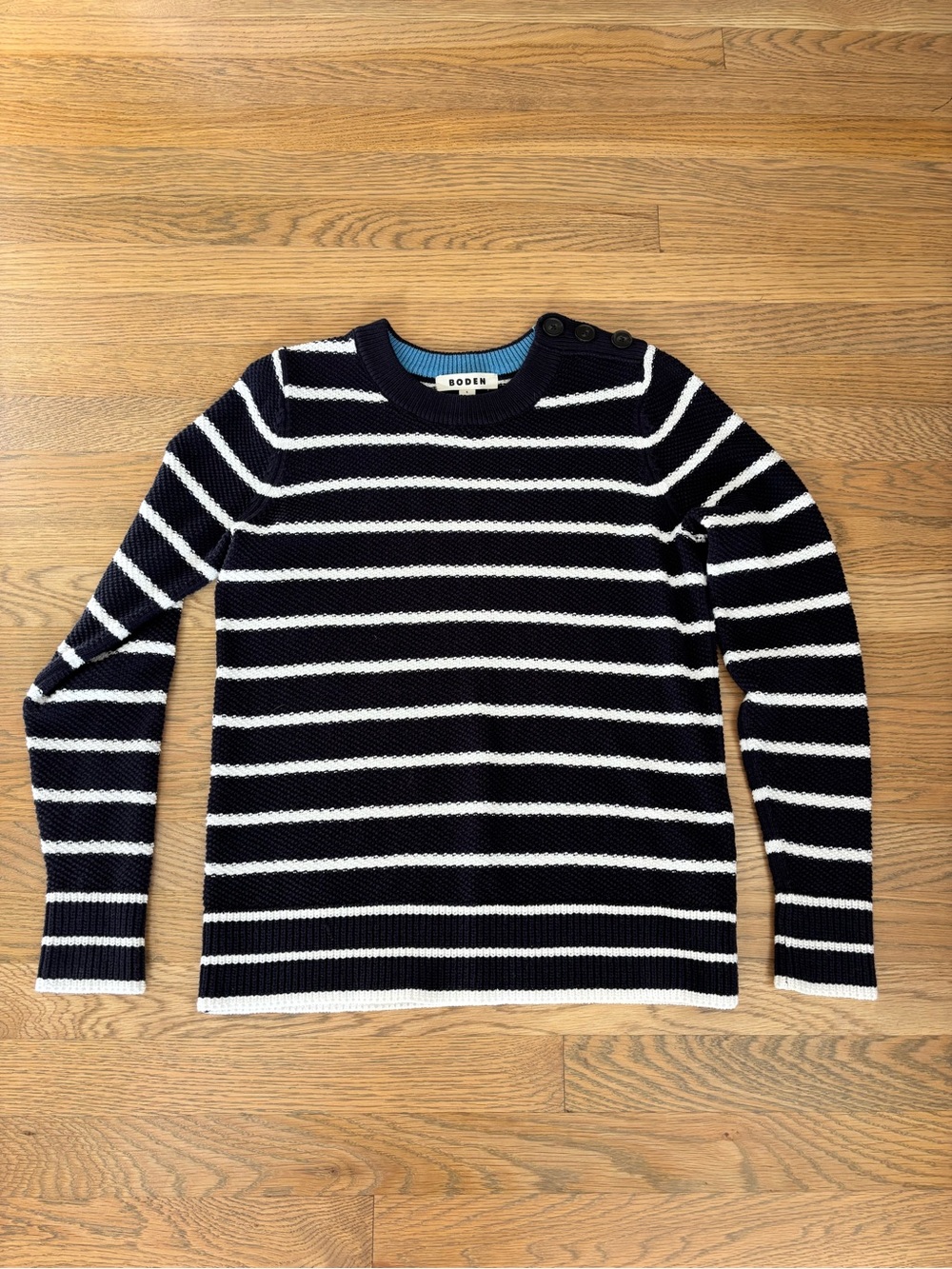 Boden Navy and White Striped Crewneck Sweater with Shoulder Buttons